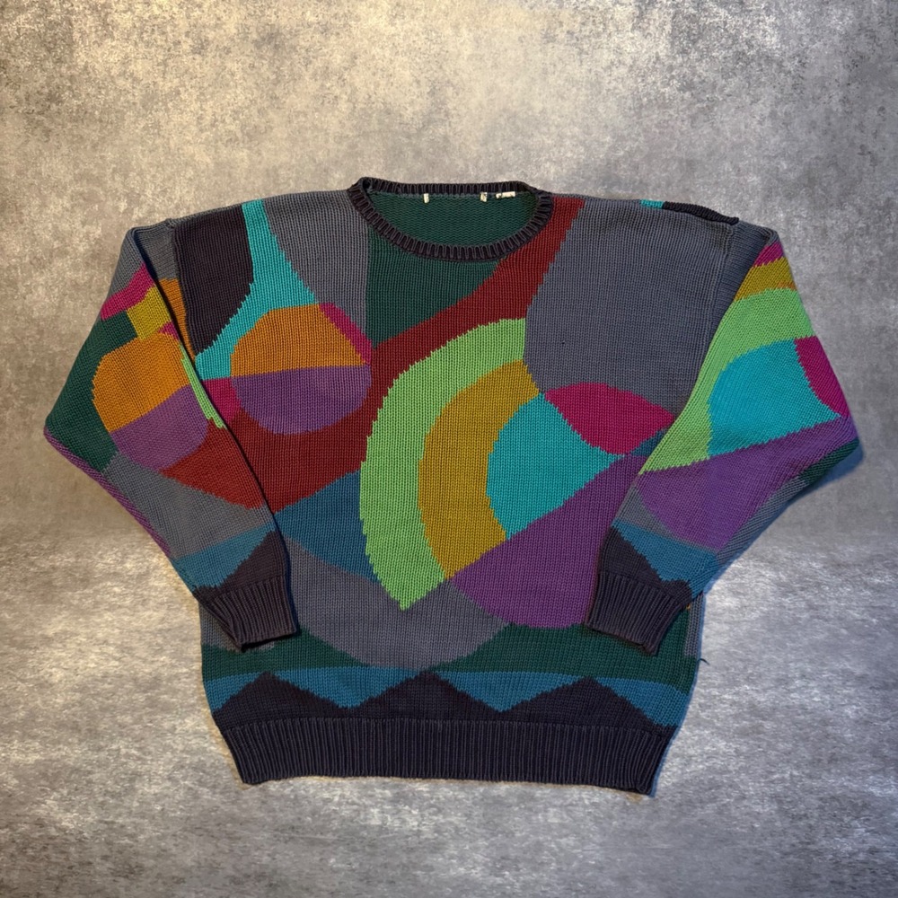 Vtg 90s Geometric Abstract Knit Sweater Multi Color Crewneck Pullover Grandpa XL